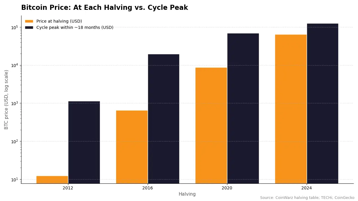 Bar chart for the Bitcoin halving 2028 guide comparing Bitcoin's price at each halving with the cycle peak that followed, log scale