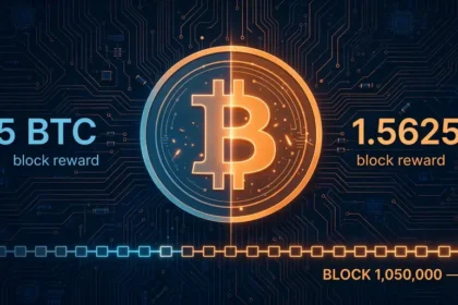 Illustration of the Bitcoin halving 2028: block reward dropping from 3.125 to 1.5625 BTC at block 1,050,000