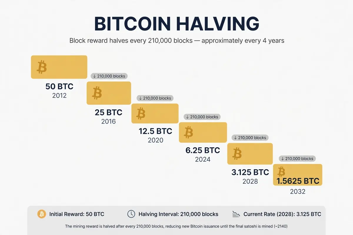Diagram of the Bitcoin halving 2028 reward schedule: block reward halving every 210,000 blocks from 50 BTC down to 1.5625 BTC