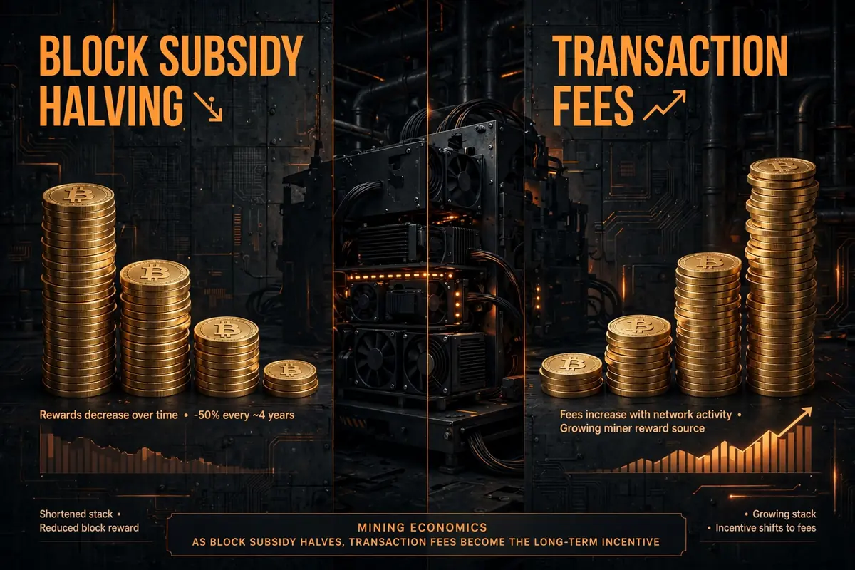 Illustration for the Bitcoin halving 2028 guide: a miner's block revenue split between the shrinking subsidy and transaction fees