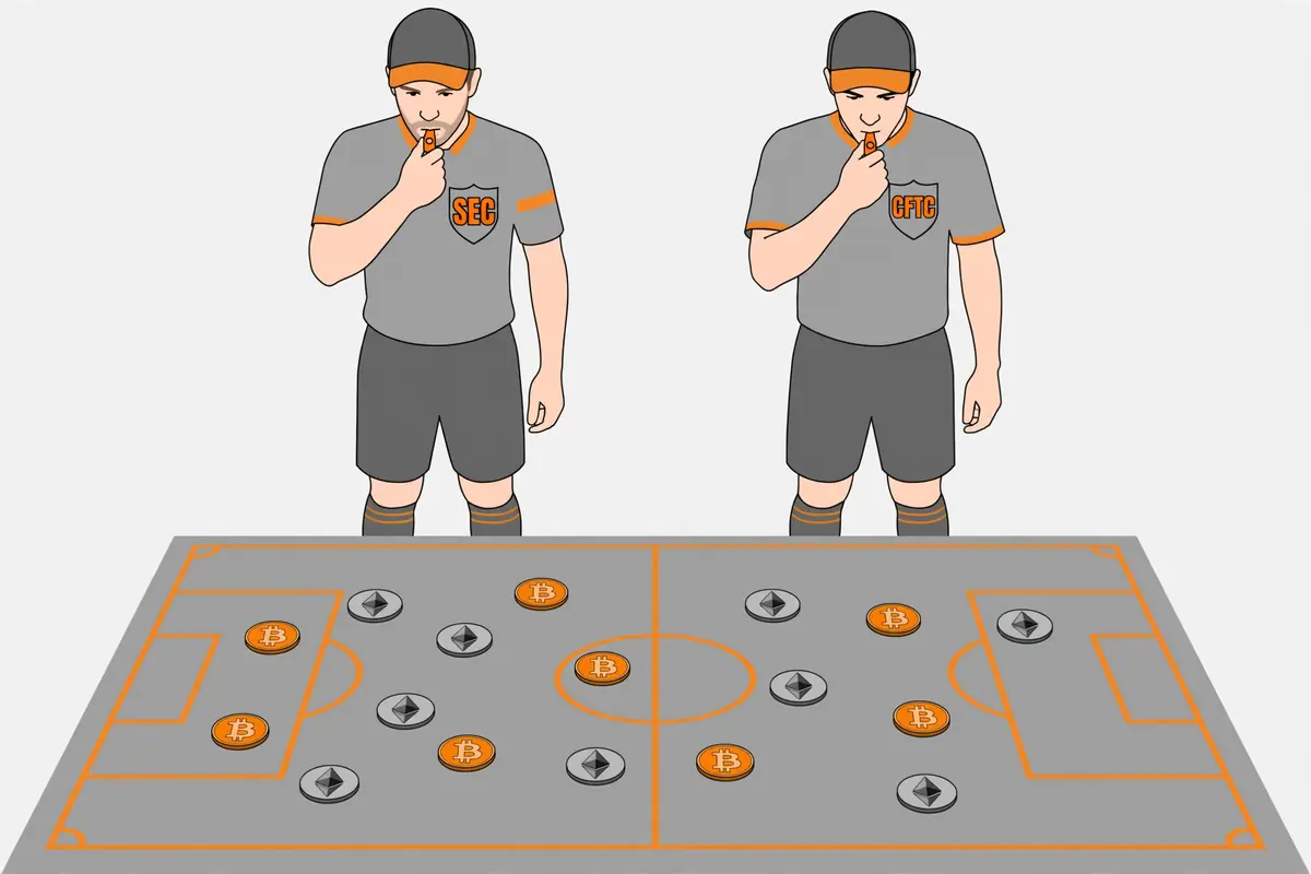 Simple diagram of the SEC and CFTC splitting crypto regulation duties.