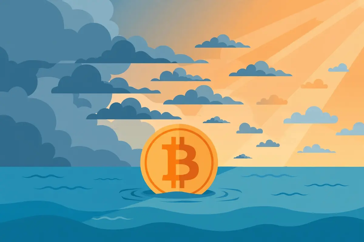 Bitcoin coin steady on calm water as storm clouds clear, symbolizing the market recovery after the CLARITY Act failed.