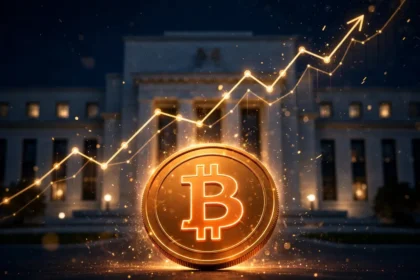 Bitcoin coin in front of the Federal Reserve building as the Fed rate hike bitcoin debate heats up