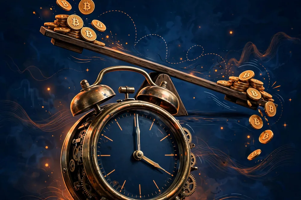 Daily reset clock concept showing volatility compounding in a leveraged Bitcoin ETF