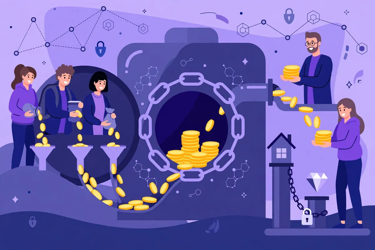 Illustration of a decentralized lending pool where users deposit coins and borrowers take loans against collateral