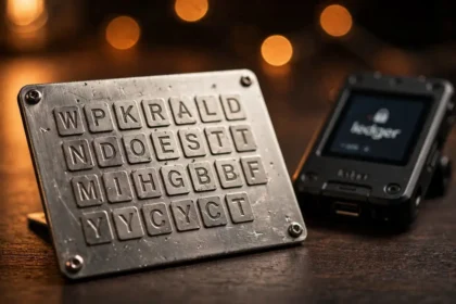Steel plate with stamped Bitcoin seed phrase words for safe backup
