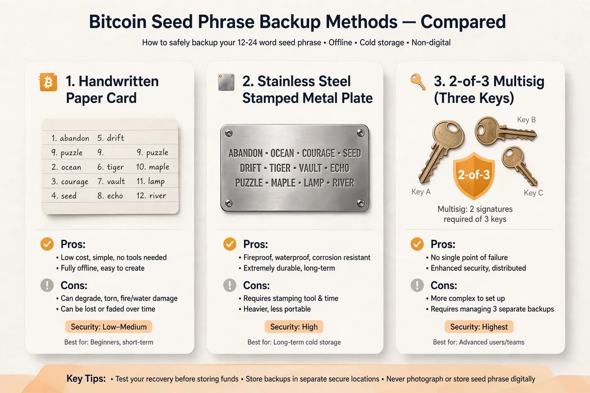 Comparison of paper, steel, and multisig Bitcoin seed phrase backup methods