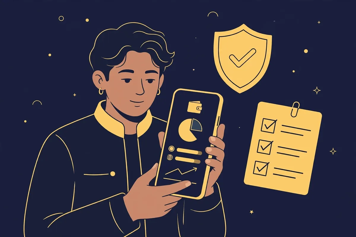 A person checking a crypto wallet balance on a phone next to a shield and checklist