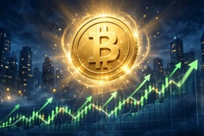 Golden Bitcoin coin rising over a Wall Street trading chart