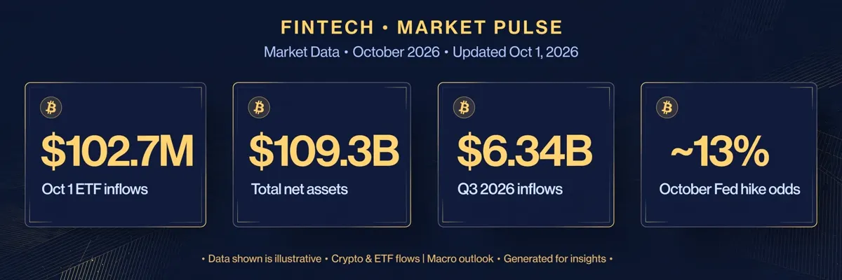 Key stats: $102.7M Oct 1 inflows, $109.3B net assets, $6.34B Q3 inflows, 13% October hike odds