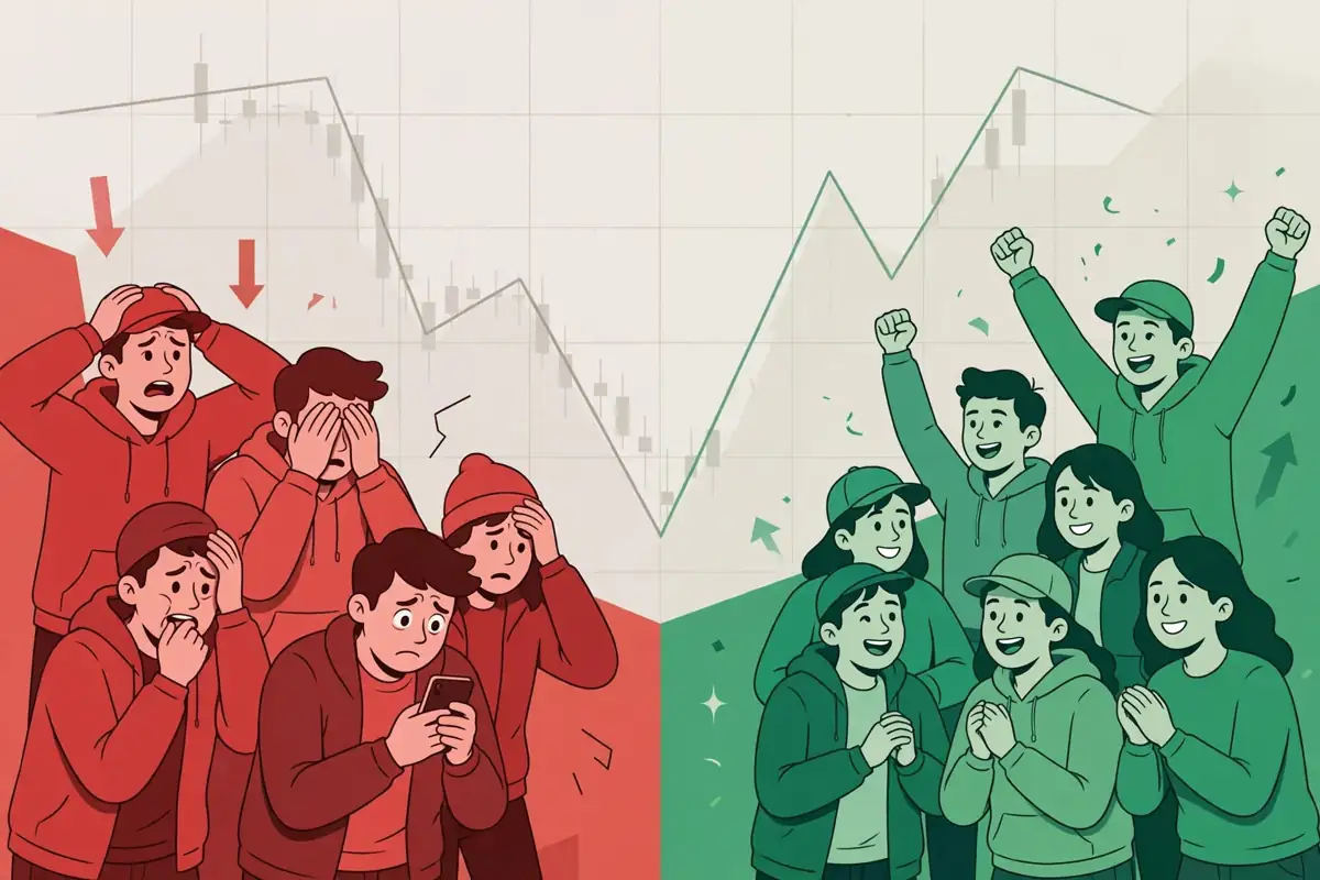 Two groups of crypto traders, one panicked in red light and one euphoric in green light, with a price chart behind them
