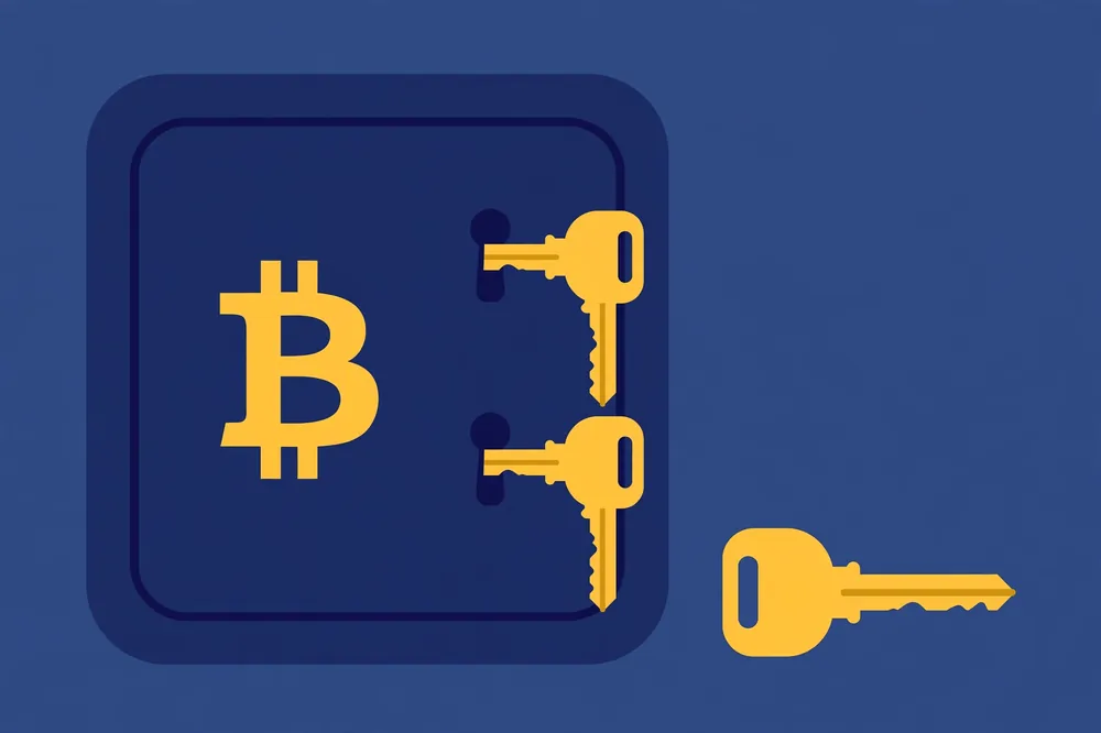 Multisig wallet inheritance concept with three keys unlocking a bitcoin safe