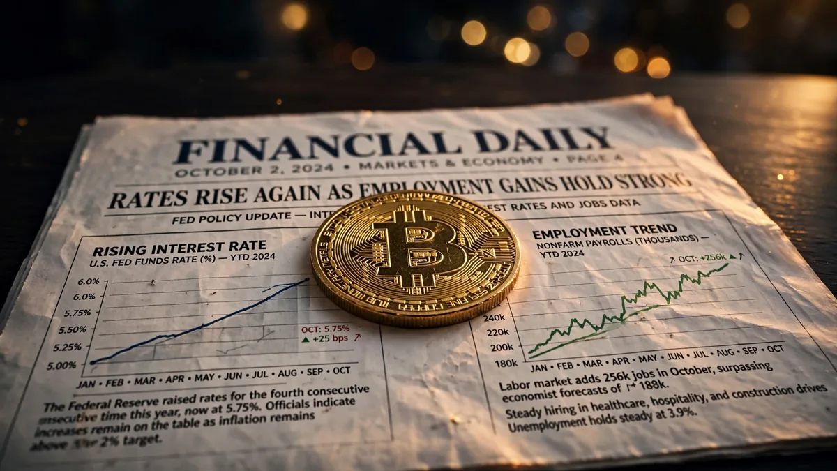 Bitcoin coin on a financial newspaper showing rate and jobs charts