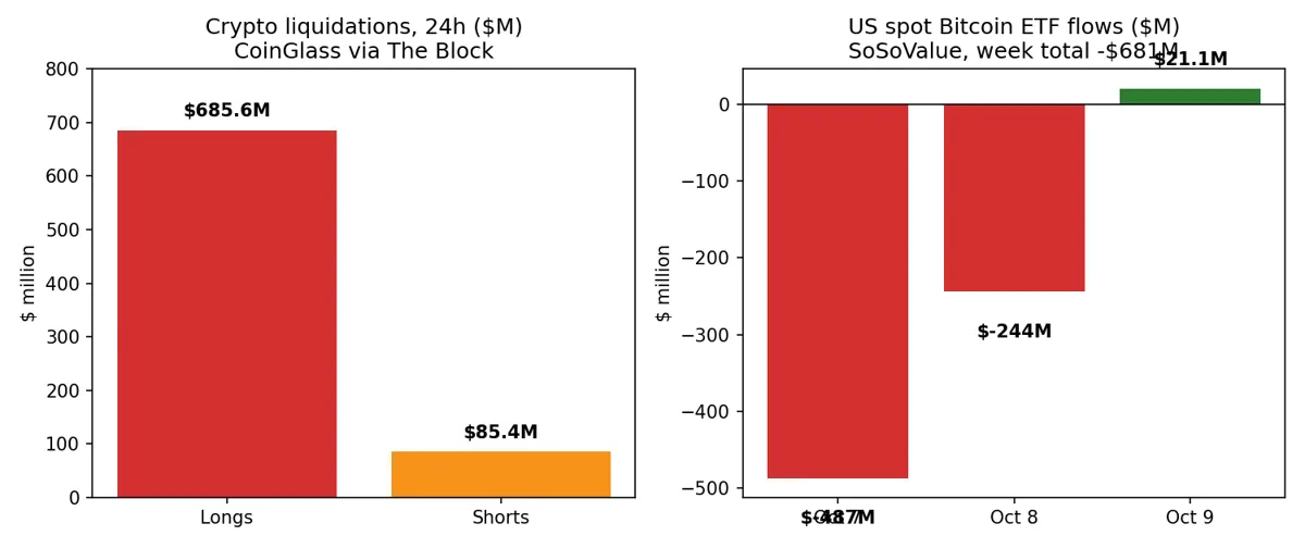 Two charts show 24 hour crypto liquidations split by longs and shorts, and daily US spot Bitcoin ETF flows for October 7 to 9.