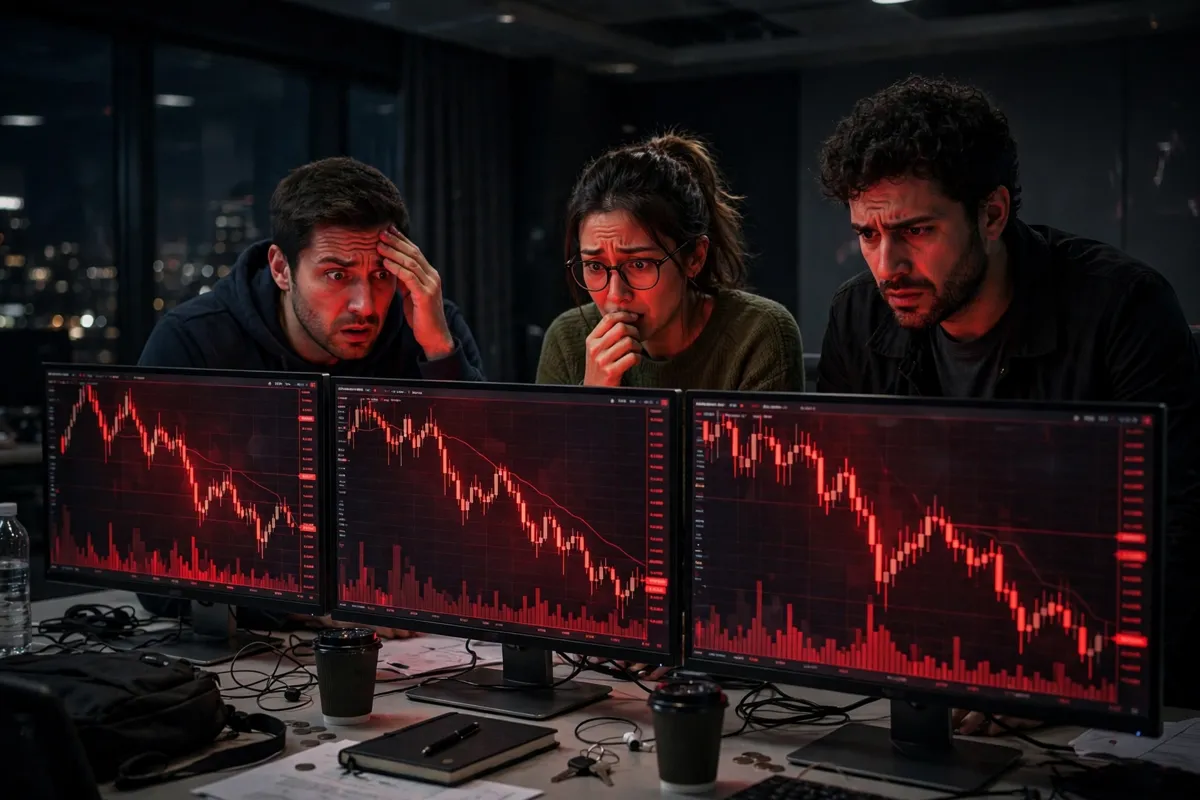 Traders watch falling red charts on multiple monitors during a sharp crypto selloff.