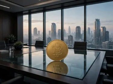 A corporate boardroom with a large golden Bitcoin coin on a glass table and a city skyline behind