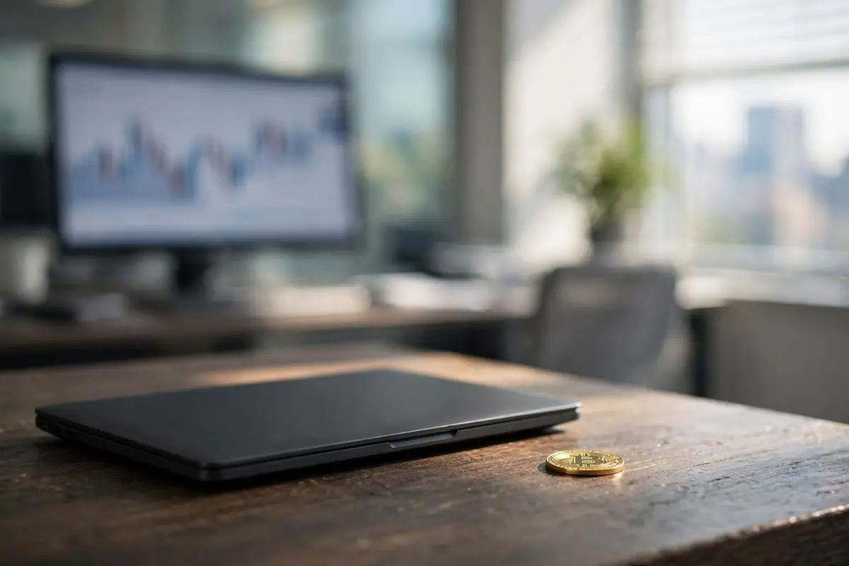 An empty corporate treasury desk with a closed laptop and a small golden Bitcoin coin model