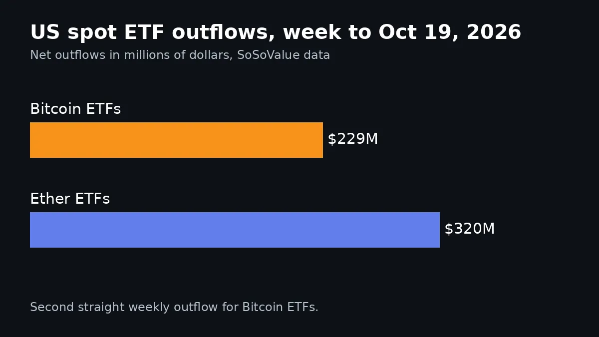 Bar chart showing US spot ETF outflows last week of 229 million dollars for Bitcoin ETFs and 320 million dollars for Ether ETFs, based on SoSoValue data