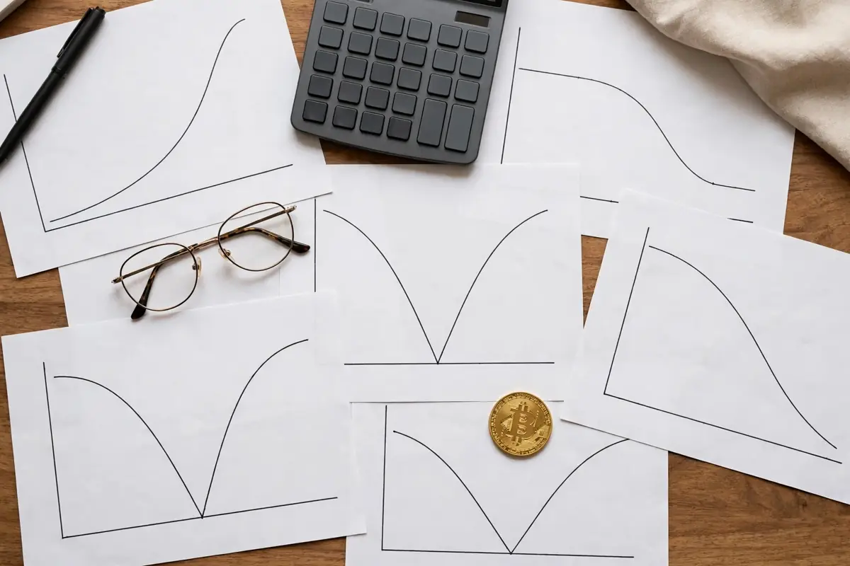 A finance desk with printed options payoff diagrams, a calculator, and a small golden Bitcoin coin model