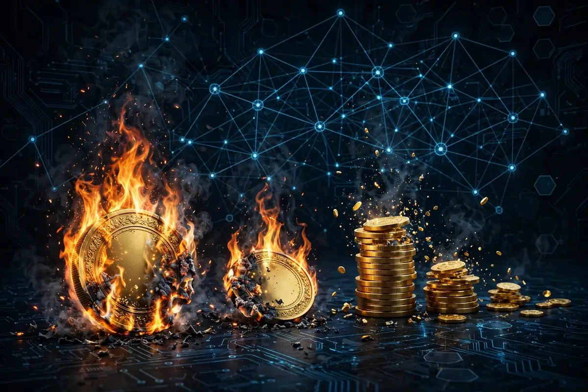 A digital blockchain network with gold coins and a shrinking supply of tokens burning away