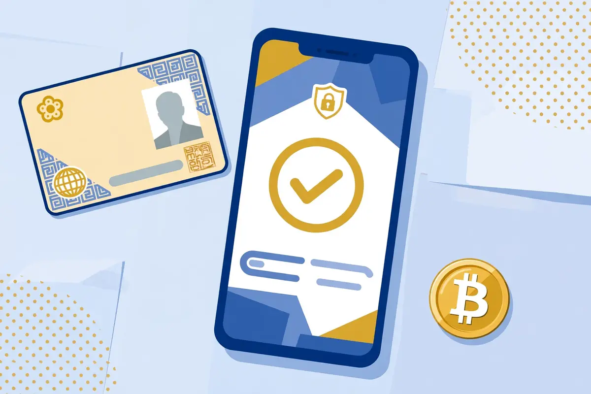 Illustration of a smartphone showing a bank identity verification screen next to a Korean ID card and a small gold Bitcoin coin