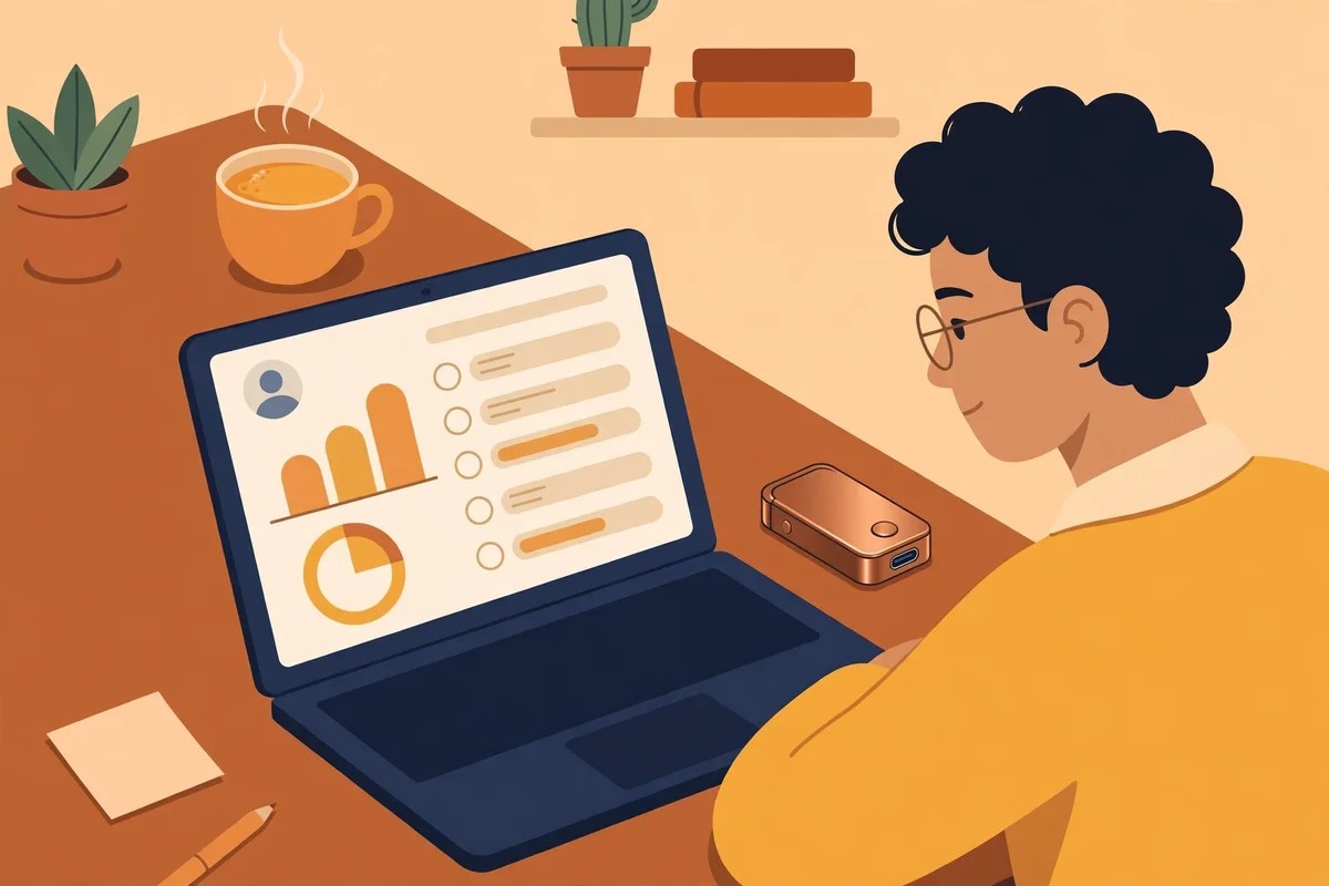 Person at a laptop checking a bank account with a hardware wallet on the desk