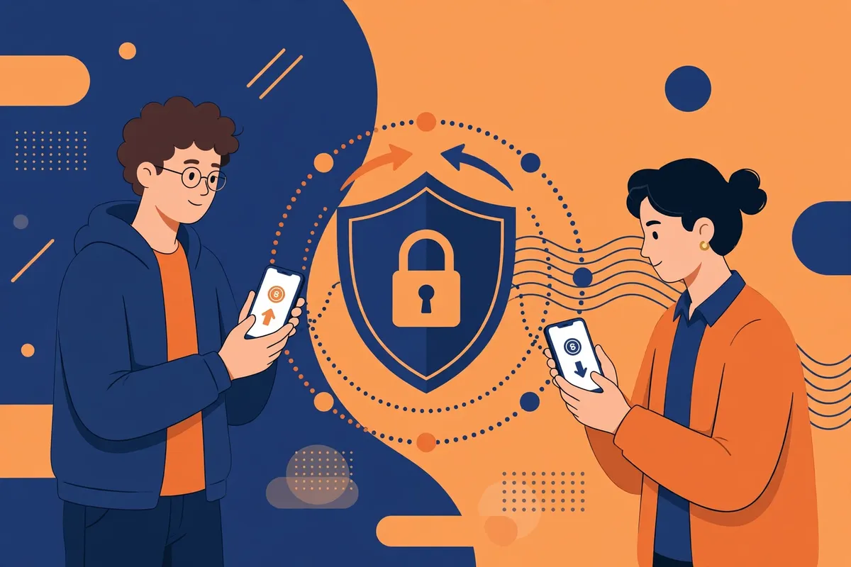 Two people trading on phones with a padlock shield between them, showing peer to peer escrow protection.