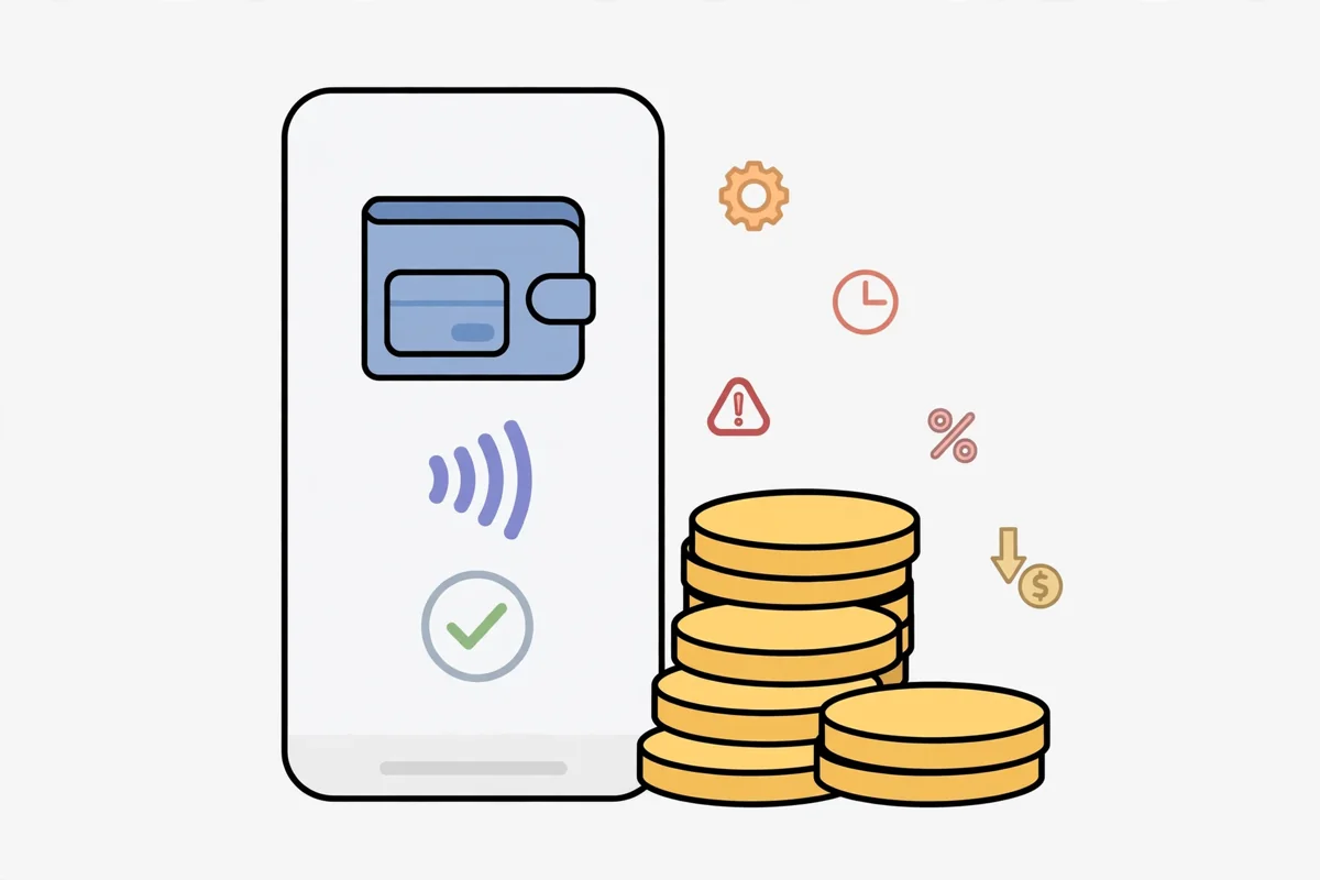 A smartphone wallet payment with fee icons and stacked coins beside it