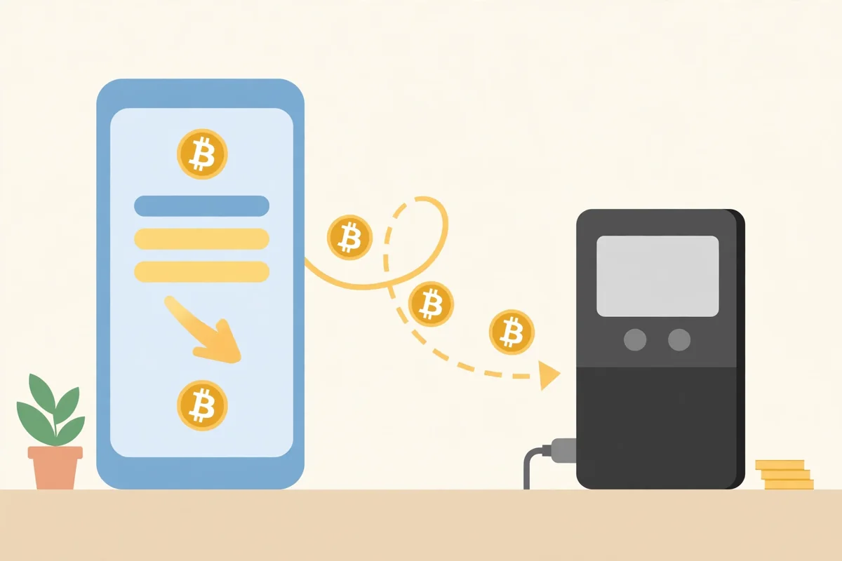 Bitcoin being moved from a phone exchange app to a secure hardware wallet device