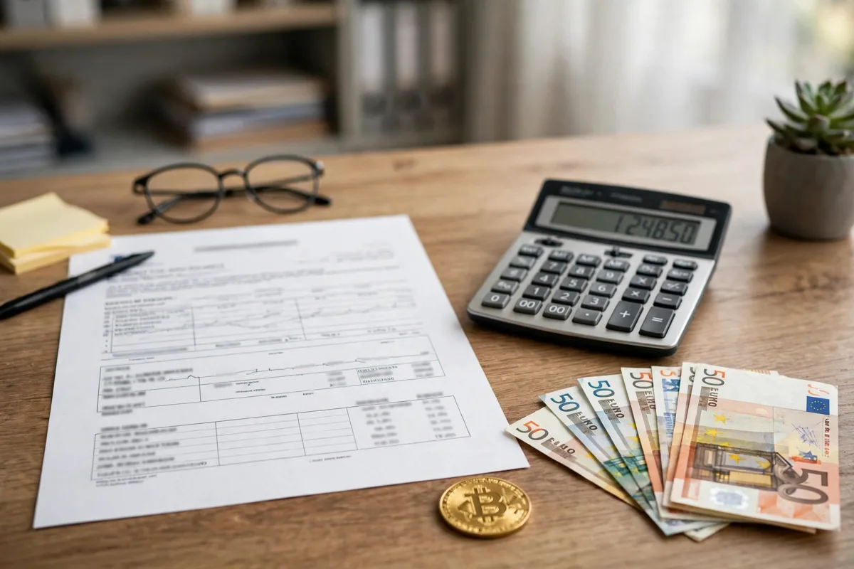 An accountant desk with a balance sheet, a calculator, euro notes, and a small golden Bitcoin coin model