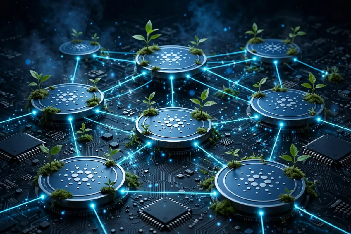 Blue ADA coins connected in a glowing blockchain network with small green growth, showing Cardano network activity