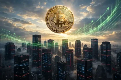 Bitcoin coin rising over Wall Street bank skyscrapers with upward chart arrows.