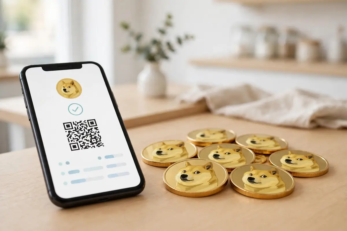 A smartphone showing a simple crypto payment screen next to gold Dogecoin style coins on a shop counter