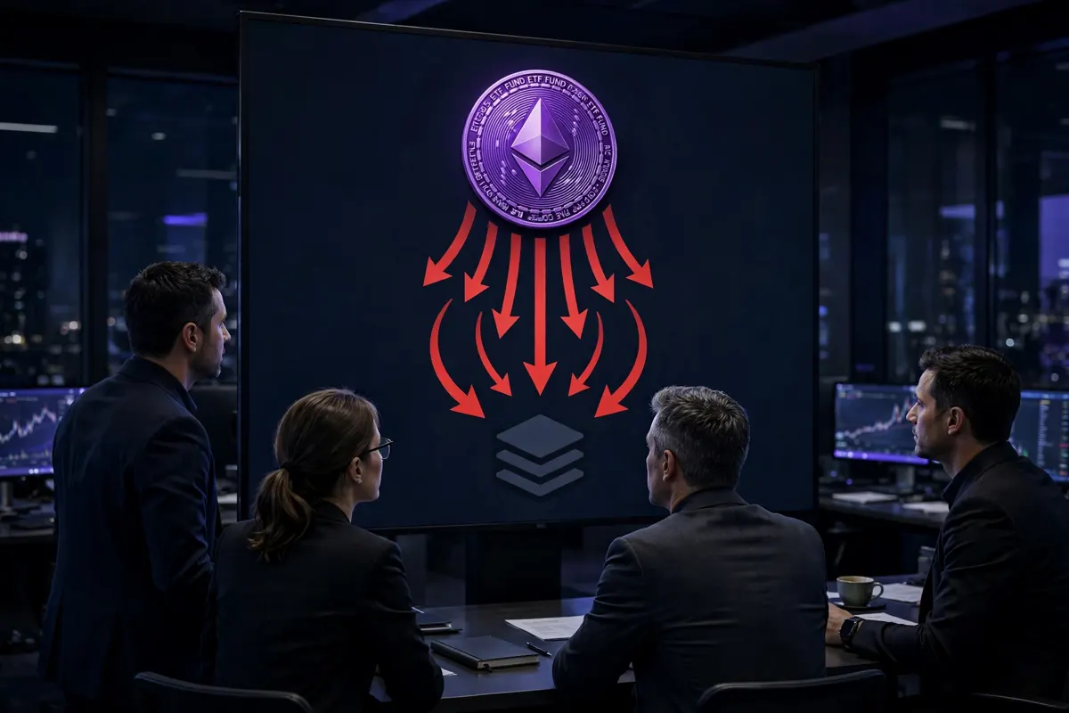 Institutional traders in a dark trading room looking at a large screen with a purple Ethereum coin and red outflow arrows