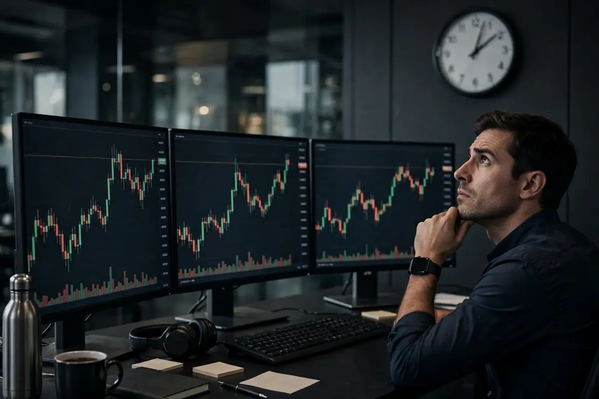 Trading desk with Bitcoin charts on screens as a trader waits for the FOMC minutes release