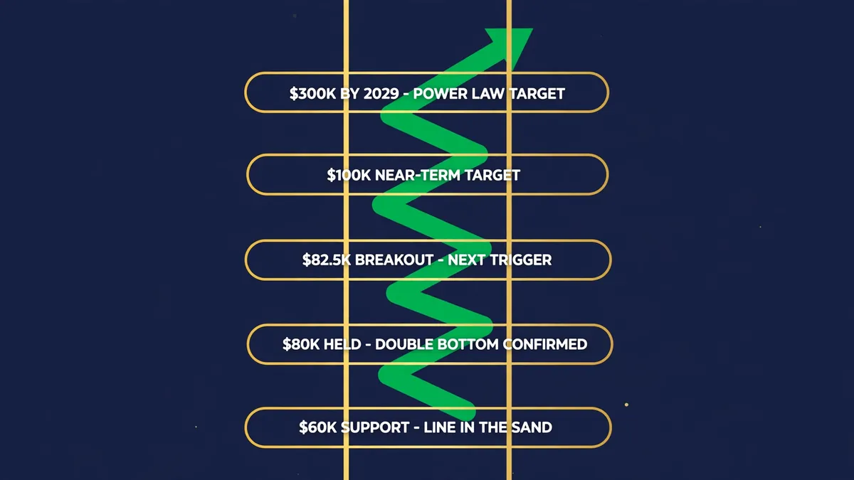 Price ladder showing Bitcoin key levels from $60K support to $300K 2029 target