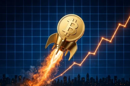 Bitcoin coin launching upward past a rising price line with Wall Street skyline