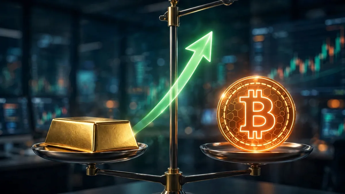 Gold bar and Bitcoin coin balanced on a scale with a rising green arrow