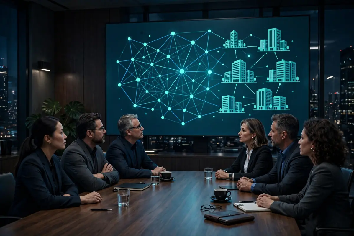 Corporate executives in a modern boardroom looking at a screen with a teal Hedera network diagram