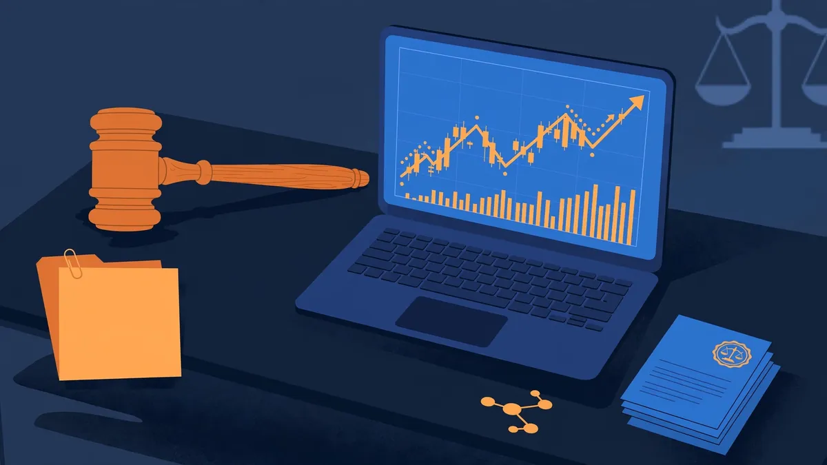 Gavel and laptop with a crypto chart representing crypto regulation change