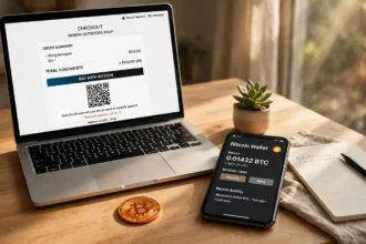 A laptop showing an online store checkout with a Bitcoin payment QR code, next to a phone with a Bitcoin wallet open