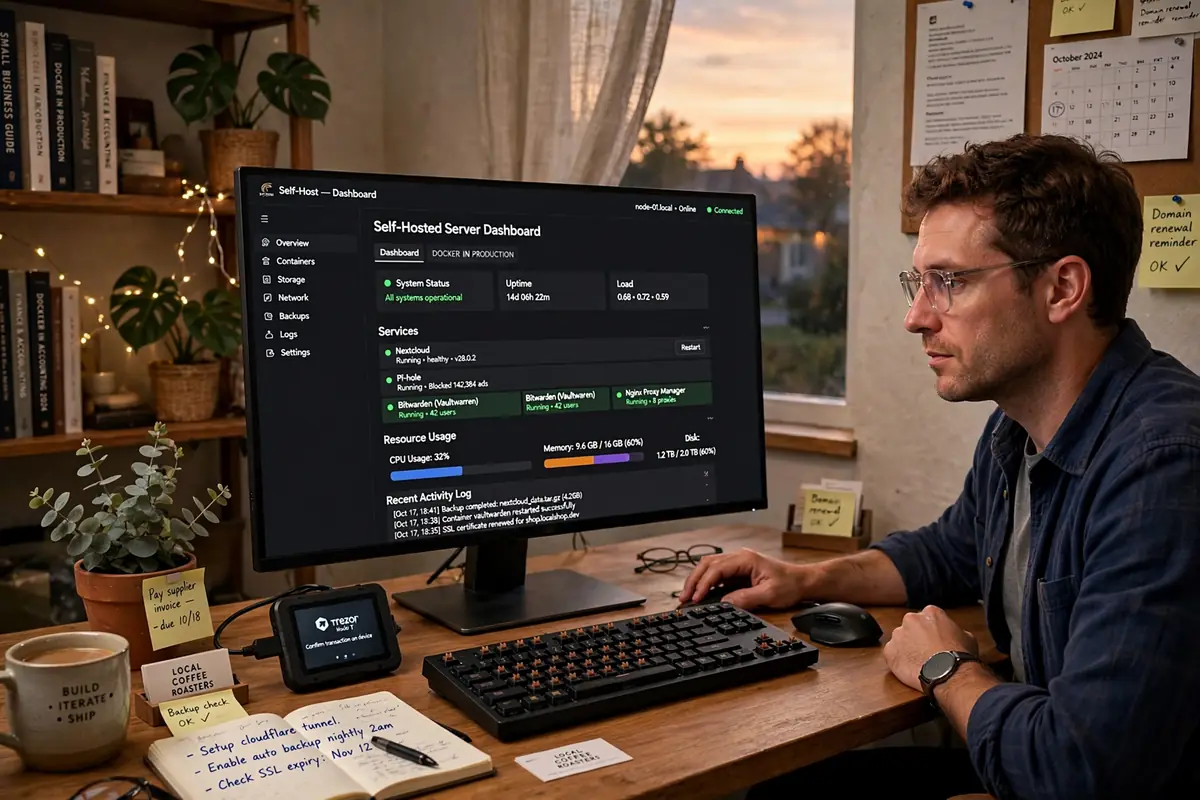A store owner connecting a hardware wallet while setting up a self hosted Bitcoin payment server at a home office desk