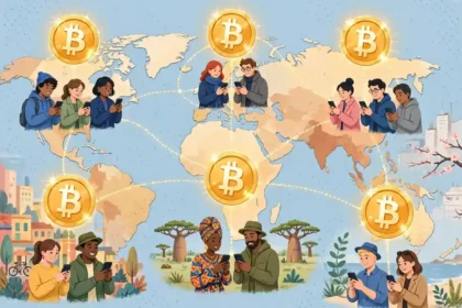 A world map with glowing Bitcoin symbols over different continents and people in different countries using smartphones
