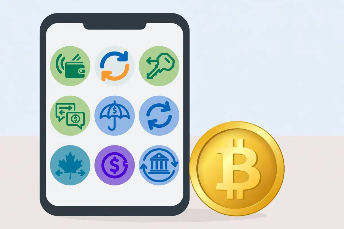 A smartphone showing local payment and bank transfer icons from different countries next to a Bitcoin coin
