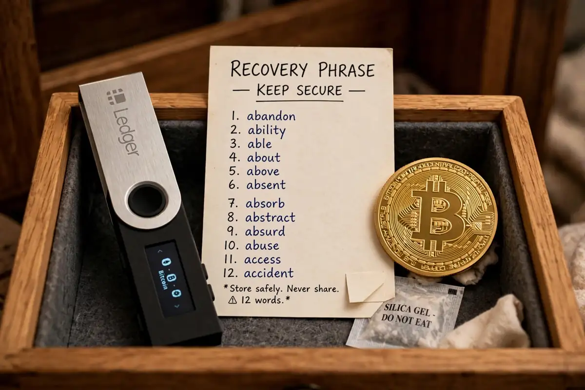 A hardware wallet device and a paper recovery phrase card stored safely in a drawer next to a gold Bitcoin coin