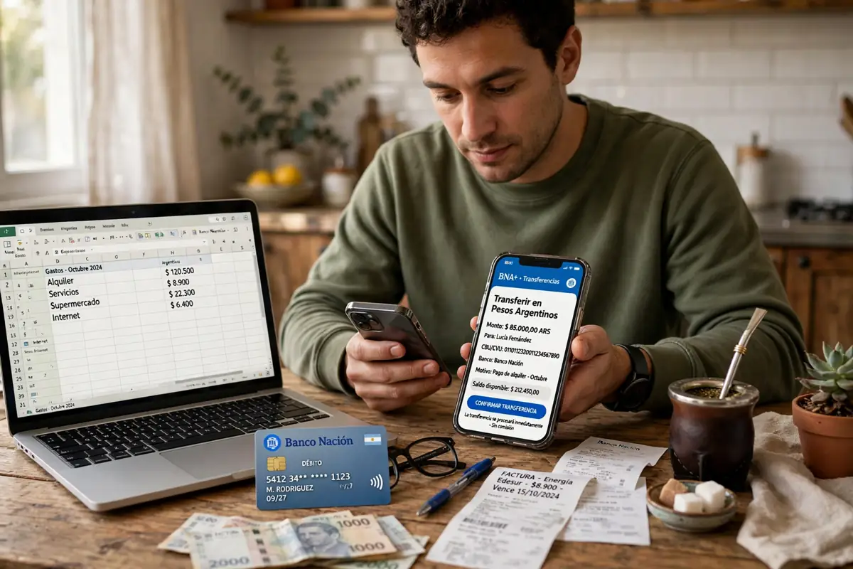 A person in Argentina making a bank transfer in Argentine pesos on a smartphone banking app at a kitchen table, with a laptop and bank card beside them