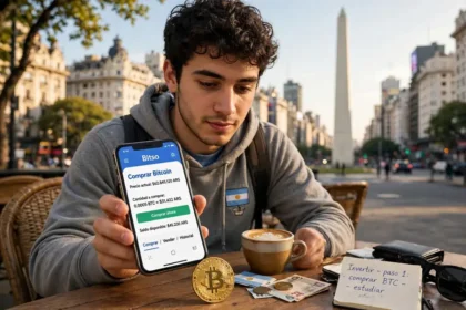A young Argentine beginner in Buenos Aires holding a smartphone with a Bitcoin buying app and a gold Bitcoin coin, Buenos Aires skyline and the Obelisco behind