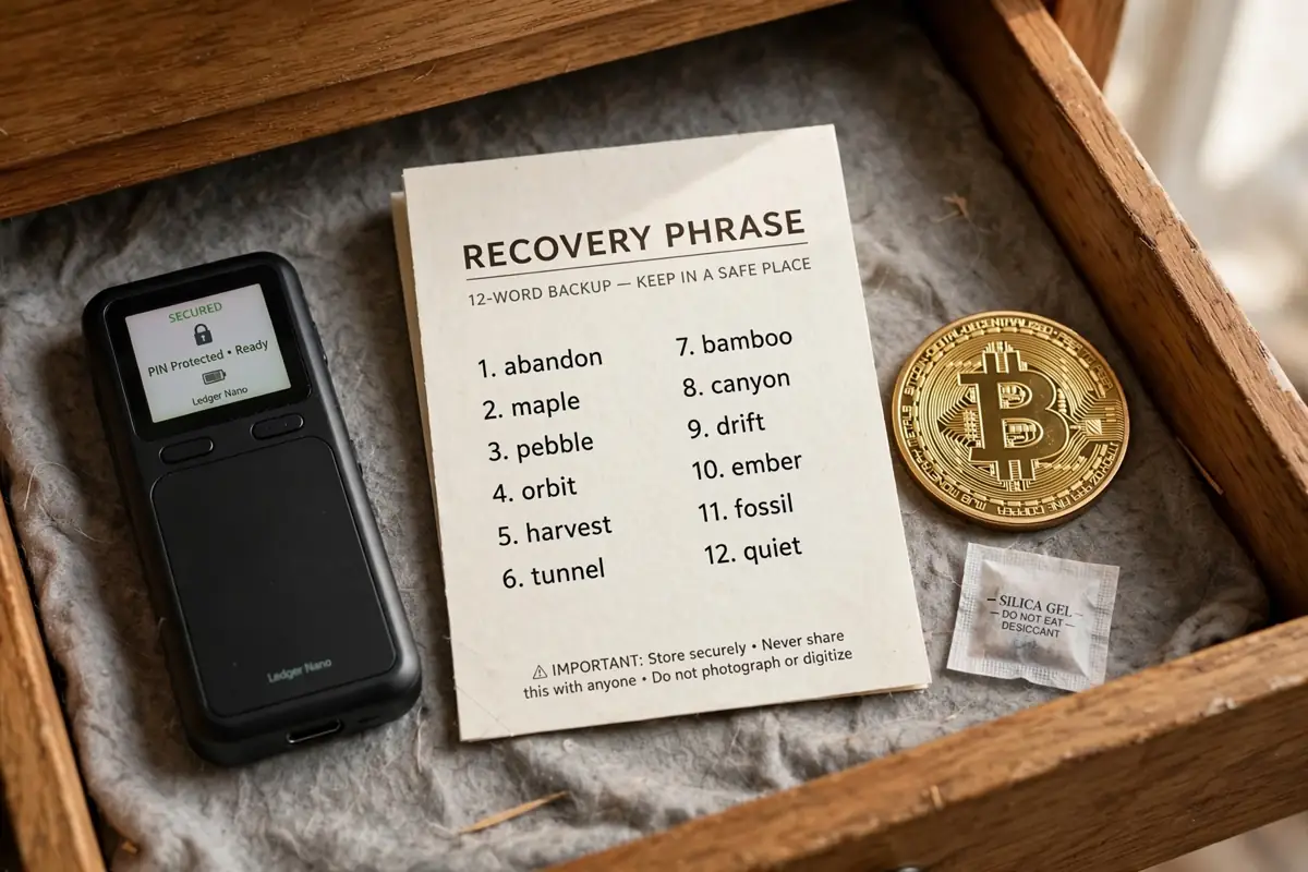 A hardware wallet device and a paper recovery phrase card stored safely in a home drawer next to a gold Bitcoin coin