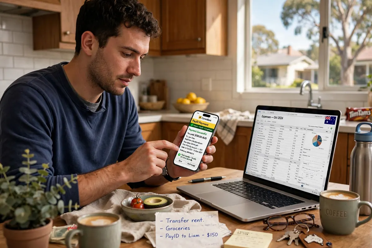 A person in Australia making an instant PayID payment in Australian dollars on a smartphone banking app at a kitchen table, with a laptop nearby