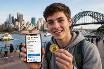 A young Australian beginner in Sydney holding a smartphone with a Bitcoin buying app and a gold Bitcoin coin, Sydney skyline and harbour behind
